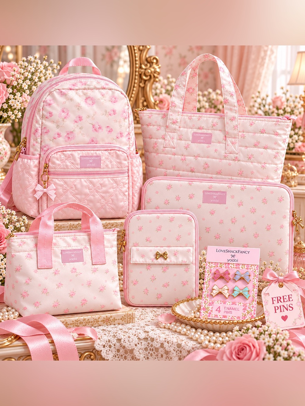 NWT LoveShackFancy x Yoobi 5pc Pink Holiday Gift Bundle + FREE Bow Pins